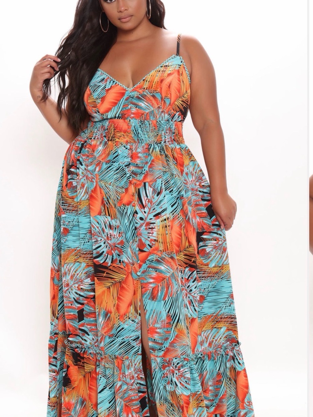 Fashion Nova Tropical Leaf Maxi Dress in Turquoise & Orange